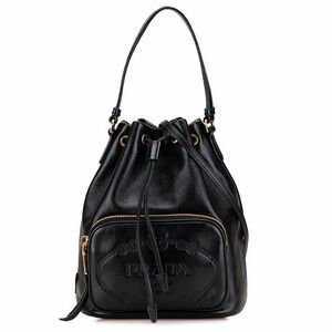 Prada triangular logo plate handbag bucket bag shoulder black leather